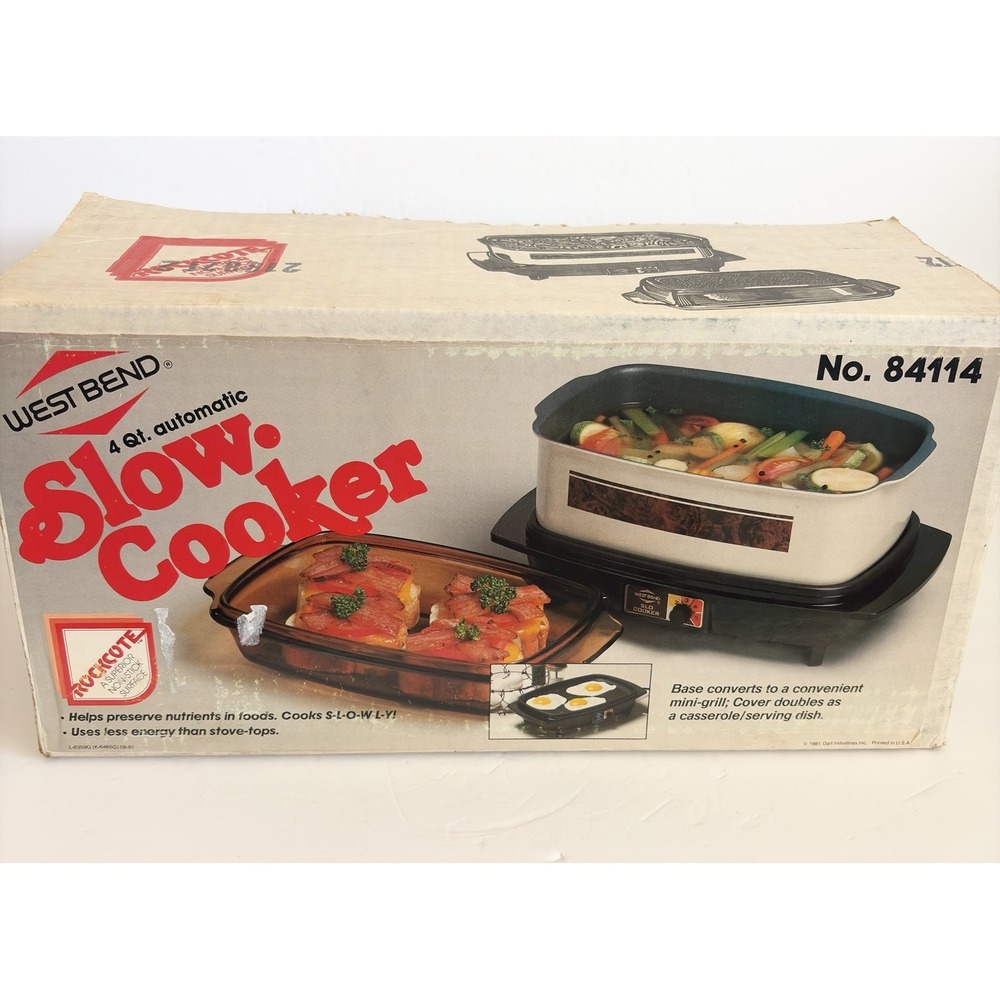West Bend NOS 4 Qt Slow Cooker Mini Grill 84114 80s Never Used In Box Vintage